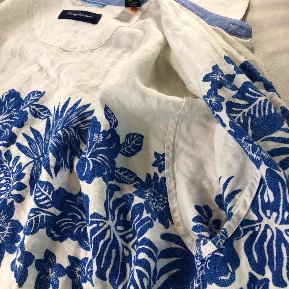 Tommy Bahama Reverse Print Linen Men XXL Button Shirt White Blue Floral Hawaiian - Picture 10 of 16